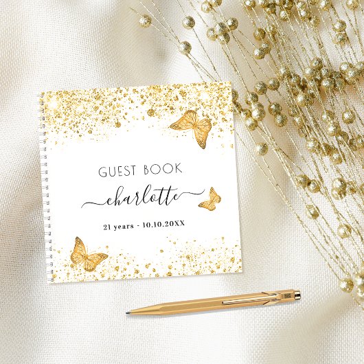 Gastboek verjaardag witte goudvlinder glitter notitieboek