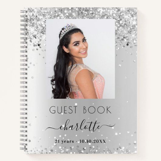 Gastboek verjaardag zilveren foto notitieboek (Voorkant)
