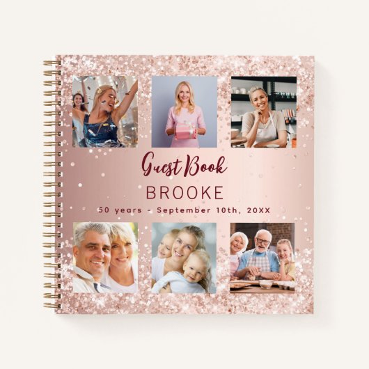 Gastboek verjaardagsfoto collage roos goud notitieboek (Voorkant)
