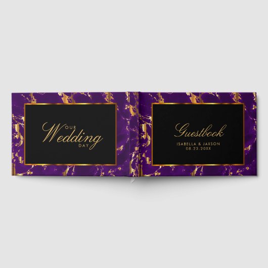 Gastboek - Zwart, Goud en Paarse Marmer Gastenboek (Volledig)