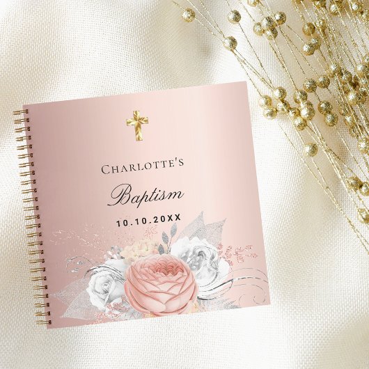 Gastboekbaptisme roos gouden zilverbloemen notitieboek