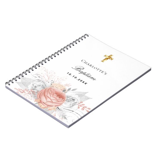 Gastboekbaptisme roos goudflorals zilver notitieboek (Linkerzijde)
