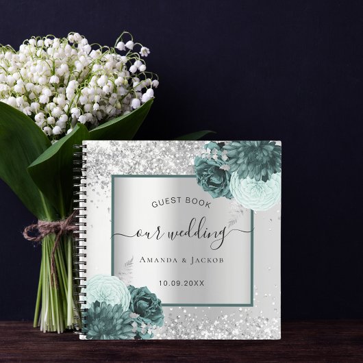 Gastboekbruiloft zilvergroene bloemmeel notitieboek