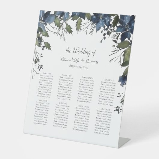 Gasten Zitkaarten Poinsettia Floral Navy Blue Reclamebord Met Voetstuk (Voorkant)