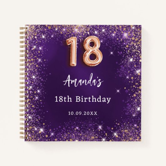 Gastenboek 18e Verjaardag paarse roos gouden glitt Notitieboek (Voorkant)