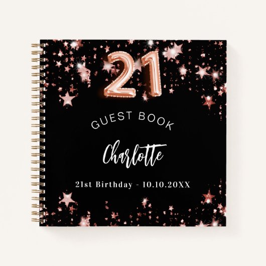 Gastenboek 21e verjaardag zwart roos gouden sterre notitieboek (Voorkant)