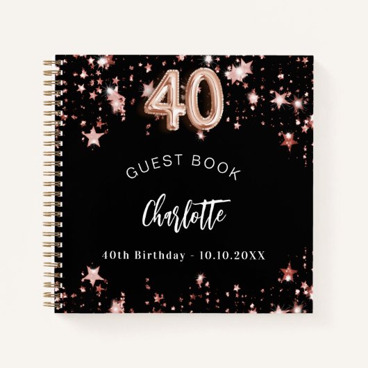 Gastenboek 40e verjaardag zwart roos gouden sterre notitieboek (Voorkant)