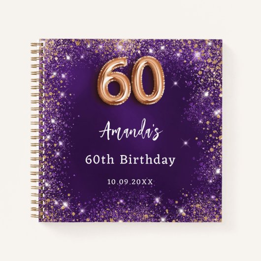 Gastenboek 60e Verjaardag paarse roos gouden glitt Notitieboek (Voorkant)