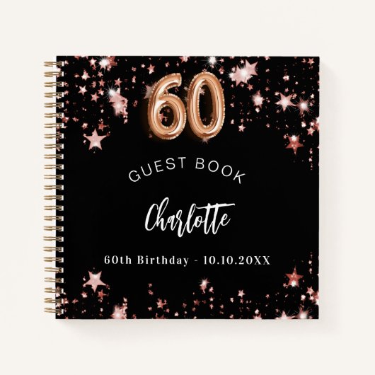 Gastenboek 60e verjaardag zwart roos gouden sterre notitieboek (Voorkant)