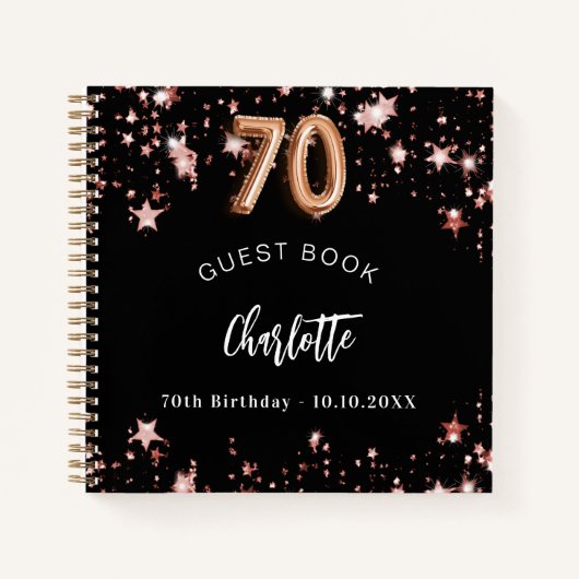 Gastenboek 70e verjaardag zwart roos gouden sterre notitieboek (Voorkant)