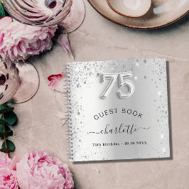 Gastenboek 75e verjaardag zilveren glitter naam notitieboek