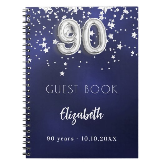 Gastenboek 90e verjaardag navy blauwe zilveren ste notitieboek (Voorkant)