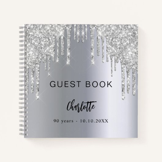 Gastenboek 90e verjaardag zilveren glitter druppel notitieboek (Voorkant)