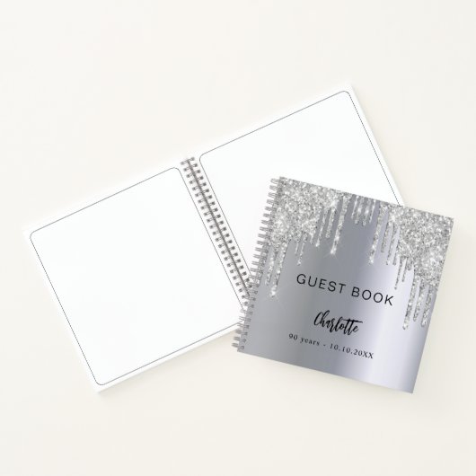 Gastenboek 90e verjaardag zilveren glitter druppel notitieboek (Binnen)