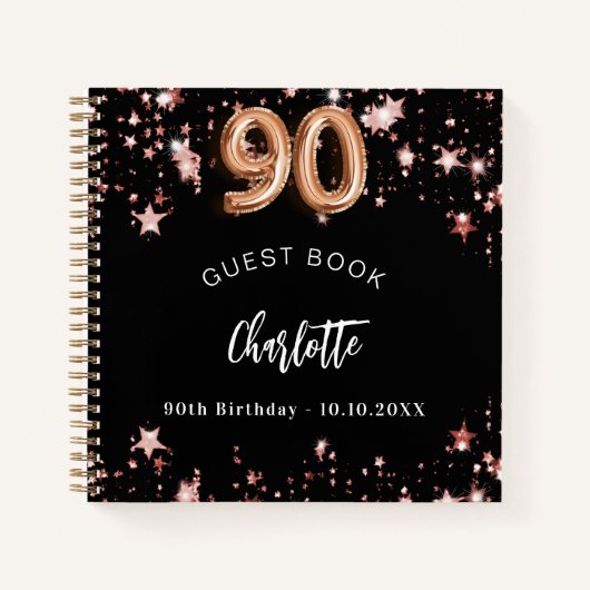 Gastenboek 90e verjaardag zwart roos gouden sterre notitieboek (Voorkant)