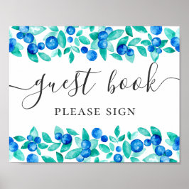Gastenboek. Blauwe mint bosbessen script bruiloft Poster