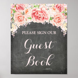 Gastenboek Bord Roze Aquarel Bloemen Krijtbord Poster