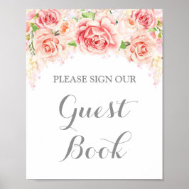 Gastenboek Bord Roze Aquarel Bloemen Poster
