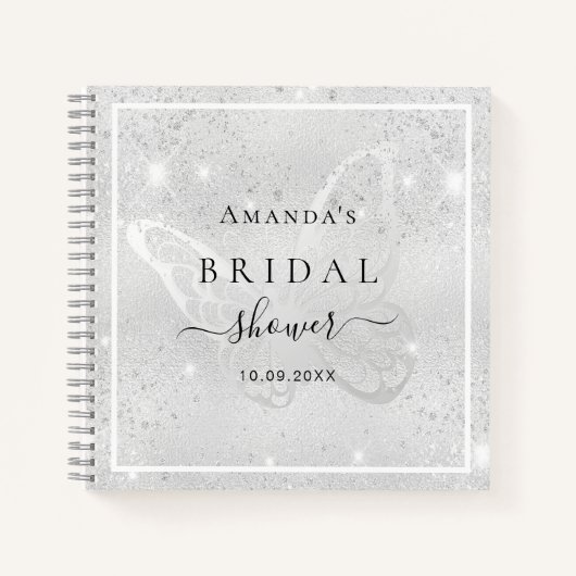 Gastenboek bruidsdouche zilver vlinderglitter notitieboek (Voorkant)