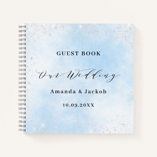 Gastenboek bruiloft baby blauw zilver glitter notitieboek (Voorkant)
