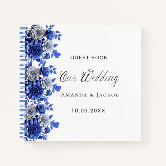 Gastenboek bruiloft koninklijke blauwe bloemen wit notitieboek (Voorkant)
