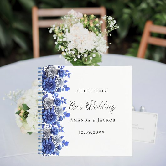 Gastenboek bruiloft koninklijke blauwe bloemen wit notitieboek