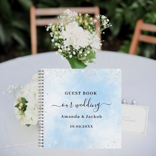 Gastenboek bruiloft lichtblauw zilveren glitter notitieboek