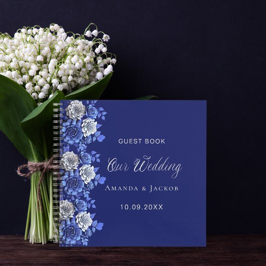 Gastenboek bruiloft marine blauwe bloemen notitieboek