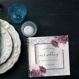 Gastenboek bruiloft zilveren bordeaux bloemen notitieboek