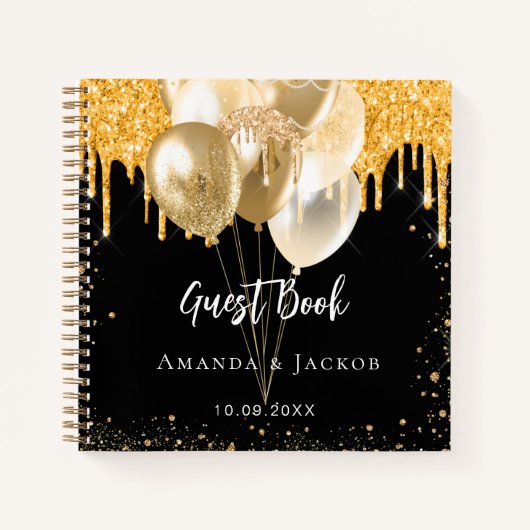Gastenboek bruiloft zwart goud glitter ballonnen notitieboek (Voorkant)