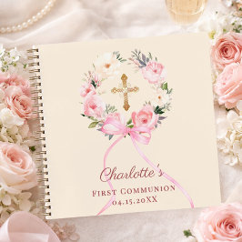 Gastenboek Eerste Communie ivoor blos lint bloemst Notitieboek
