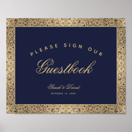 Gastenboek handtekening Navy Blauwe Gouden Rozen T Poster