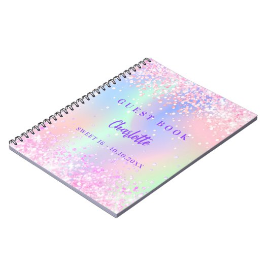 Gastenboek holografisch roze confetti Sweet 16 Notitieboek (Linkerzijde)