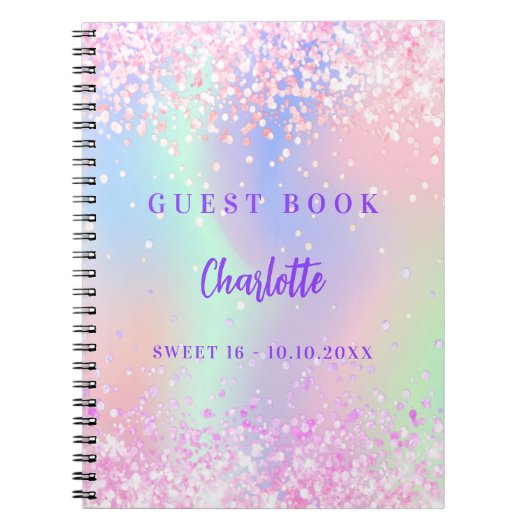 Gastenboek holografisch roze confetti Sweet 16 Notitieboek (Voorkant)
