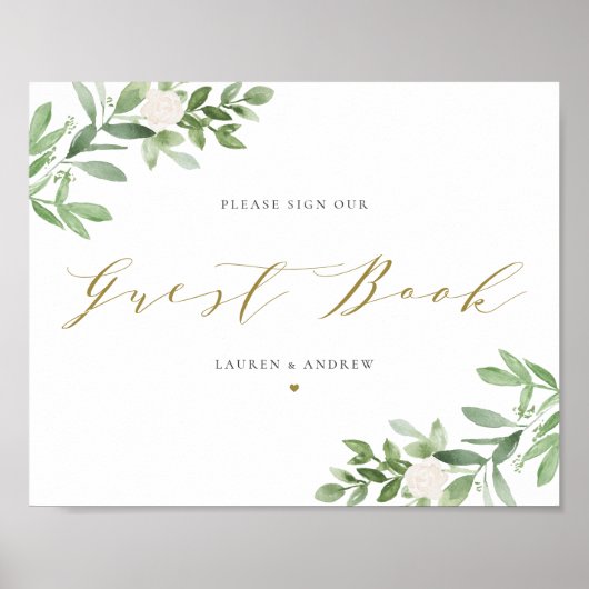 Gastenboek met waterverf groen en witte bloemen poster (Voorkant)