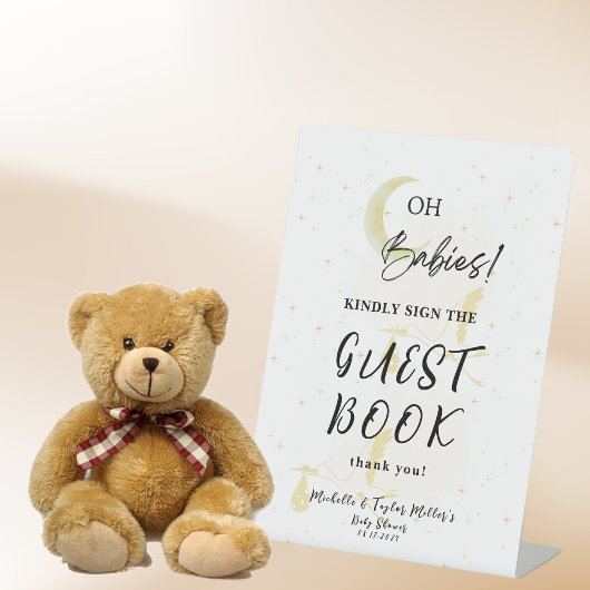 Gastenboek Neutral Twin Storks Baby shower Reclamebord Met Voetstuk