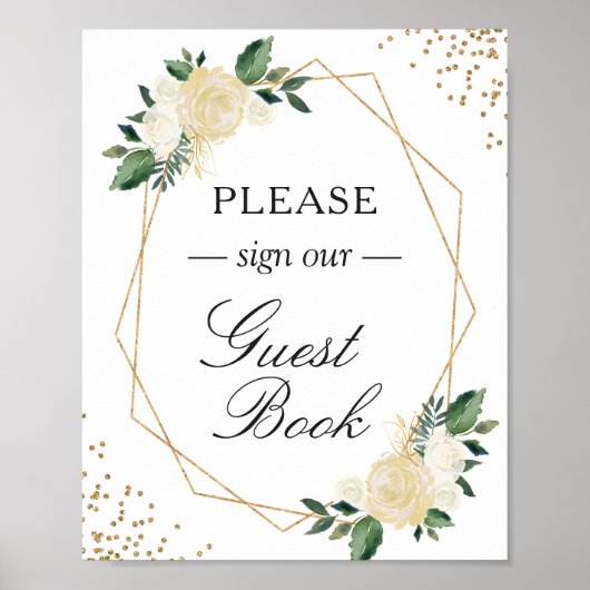 Gastenboek Onderteken Groene Goud Glitters Bloem Poster (Voorkant)