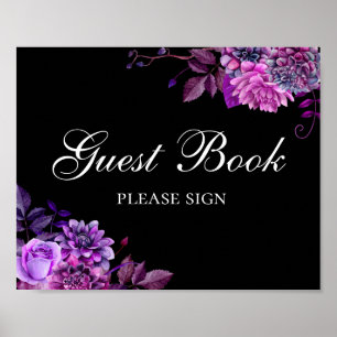 Gastenboek ondertekenen. Paarse bloemen. Zwarte tr Poster