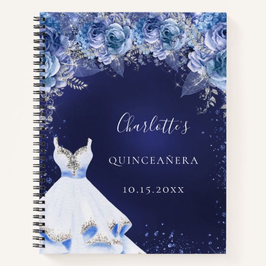 Gastenboek Quinceanera blauw glitter jurk bloemenk Notitieboek (Voorkant)