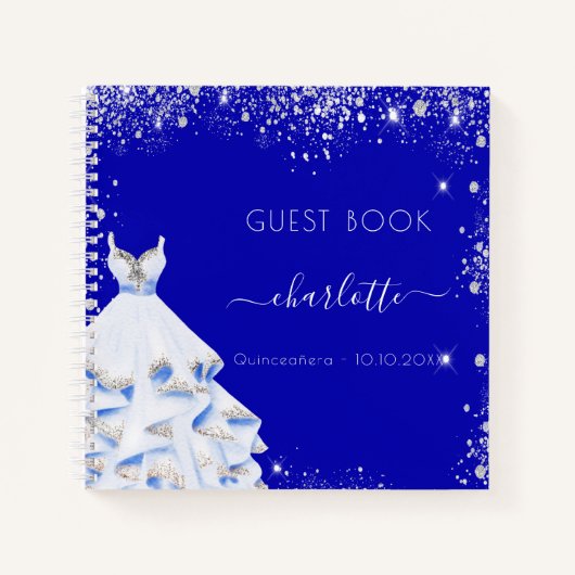 Gastenboek Quinceanera koningsblauw zilveren jurk Notitieboek (Voorkant)