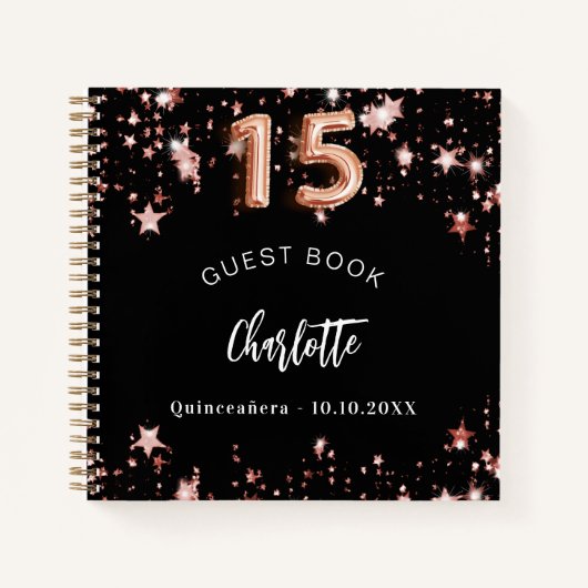 Gastenboek Quinceanera zwart roos gouden sterren Notitieboek (Voorkant)