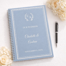 Gastenboek stoffig blauw ivoor met monogram trouwd notitieboek