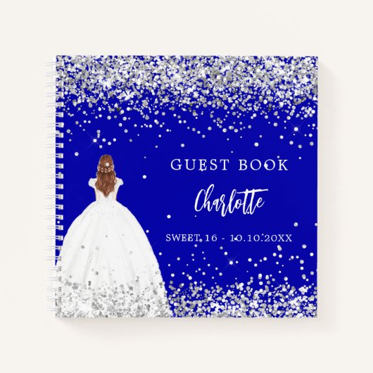 Gastenboek Sweet 16 koningsblauwe jurk glitter Notitieboek (Voorkant)