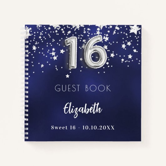 Gastenboek Sweet 16 marineblauwe zilveren sterren Notitieboek (Voorkant)