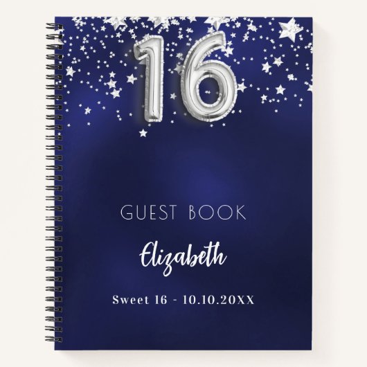 Gastenboek Sweet 16 marineblauwe zilveren sterren Notitieboek (Voorkant)
