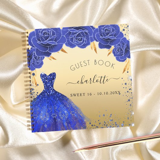 Gastenboek Sweet 16 royal blauw gouden jurk Notitieboek