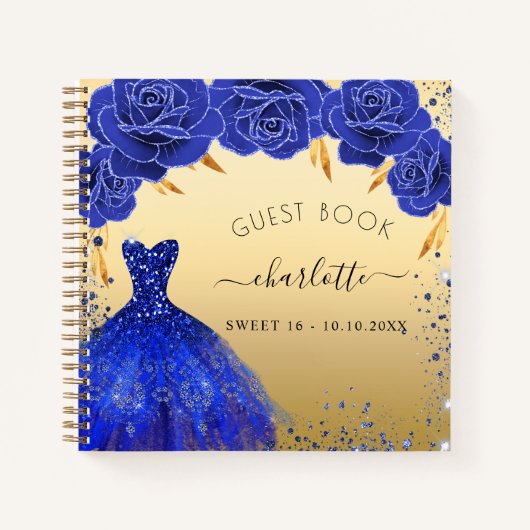 Gastenboek Sweet 16 royal blauw gouden jurk Notitieboek (Voorkant)