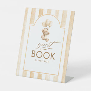 Gastenboek Teddybeer Beige Strepen Babyborrel Reclamebord Met Voetstuk