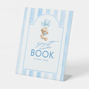 Gastenboek Teddybeer Blauwe Strepen Baby Shower Reclamebord Met Voetstuk