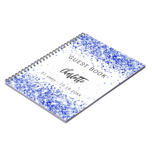Gastenboek verjaardag koninklijk blauw wit confett notitieboek (Linkerzijde)